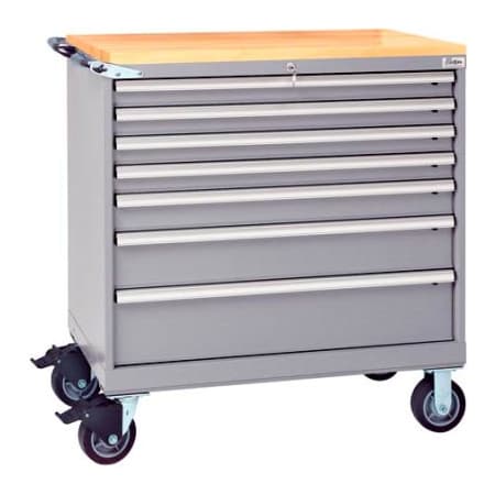 Lista International Lista 7 Drawer 40-1/4W Shallow Depth Mobile Cabinet w/Butcher Top-Light Gray, Individual Lock XSHS0750-0701M-BTLGRG